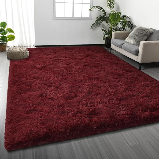 Large Shag Area Rugs 8 x 10, Plush Fuzzy Rugs for Living Room, Ultra Soft Fluffy Furry Rug for Bedroom, Indoor Carpet Nursery Rugs for Kids Room Home Decor, Burgundy