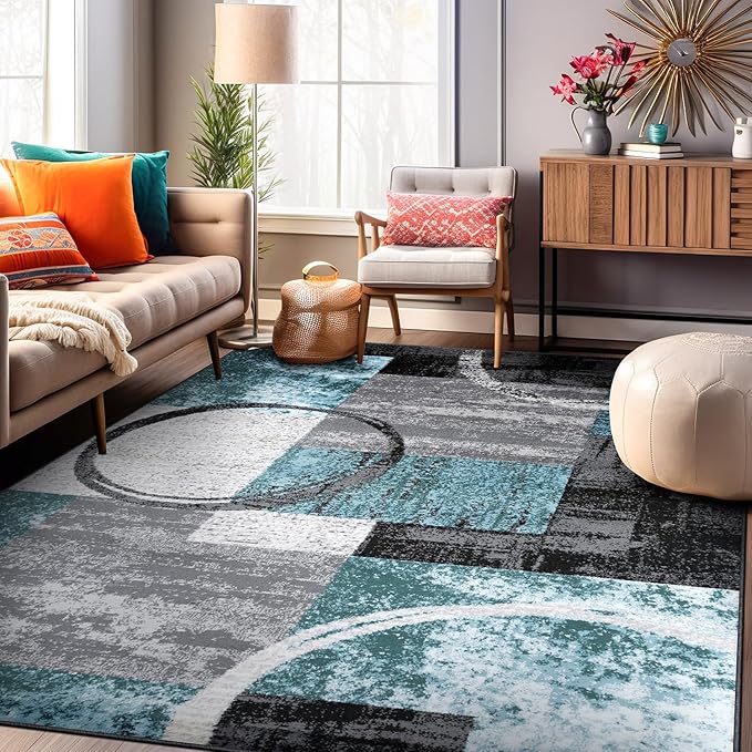 Rugshop Contemporary Circle Design Area Rug, Fade-Resistant Carpet for Living Room, Dining Room, or Home Office, Gray, 6'6" x 9'