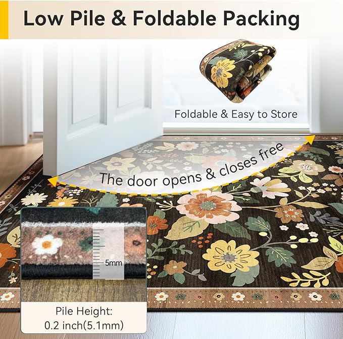 Floral 9x12 Area Rug Machine Washable Soft Print Boho Carpet Non Slip Doormat Low Pile Flower Area Rugs for Living Room Bedroom Nursery Kitchen Dining Room Indoor-Black/Yellow/Red
