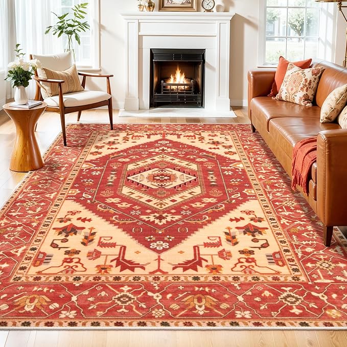 SERISSA 6x9 Area Rugs for Living Room, Large Washable Non-Slip Boho Rug, Ultra Soft Vintage Red Beige Oriental Tribal Print Distressed Carpet for Dining Room Bedroom Dorm Office Home Decor