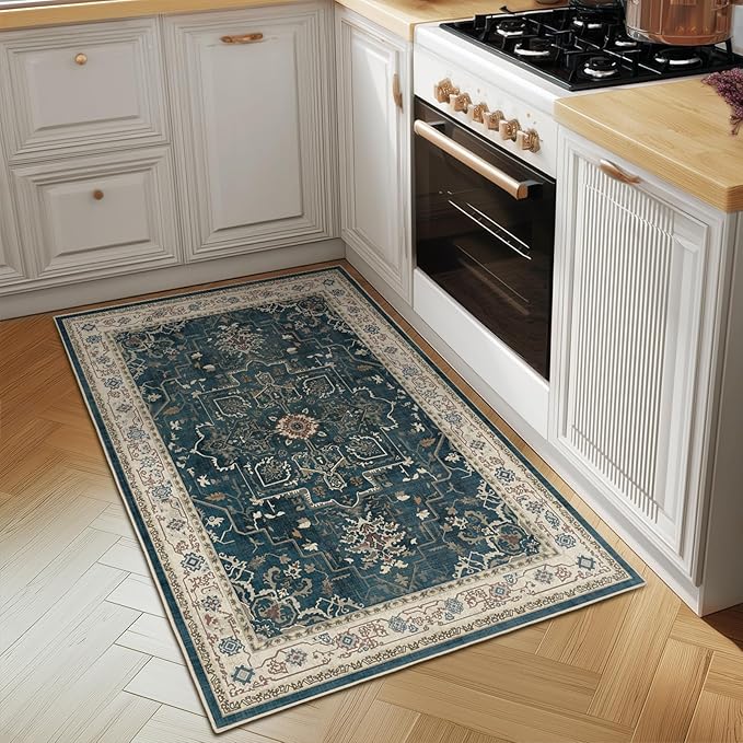 Farmhouse Distressed 3x5 Area Rugs for Entryway Foyer, Washable Non Slip Low Pile Throw Rugs for Kitchen, Vintage Medallion Pinted Carpet for Bedroom/Bathroom/Home Office, Deep Blue/Multi
