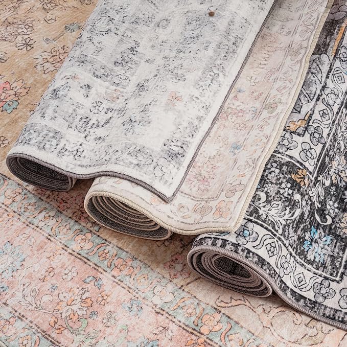 5x7 Washable Rug – Boho Non-Slip Indoor Area Rug for Living Room, Bedroom, Dining Room, Entryway – Ivory and Mist Grey with Subtle Blue Accents