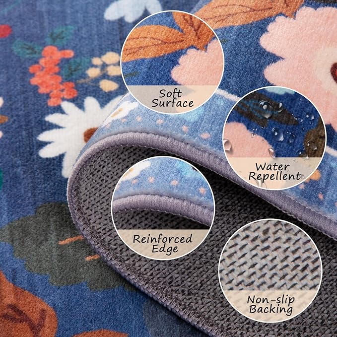 Floral 8x10 Area Rug Machine Washable Soft Print Boho Carpet Non Slip Doormat Low Pile Flower Area Rugs for Living Room Bedroom Nursery Kitchen Dining Room Indoor-Blue/Grey