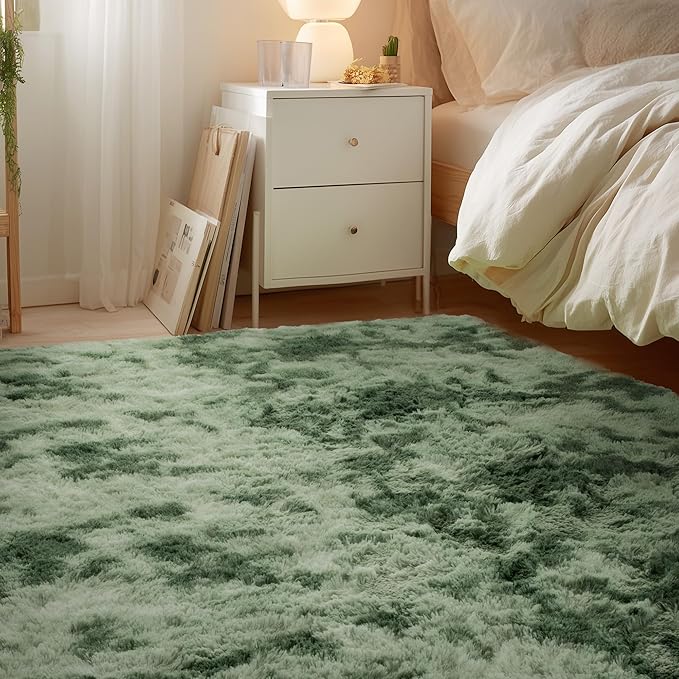 Andency Soft Area Rugs for Living Room Bedroom, 5x8 Fluffy Shaggy Bedside Rug, Non-Slip Large Shag Fuzzy Plush Carpets for Bedroom Kids Dorm Nursery Home Decor Aesthetic, Tie-Dyed Army Green