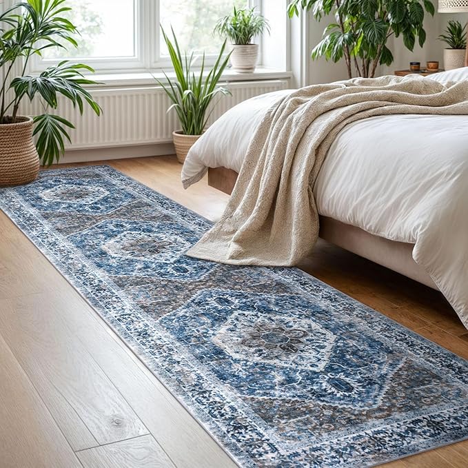KOZYFLY Runners for Hallways 2x8 Ft Washable Kitchen Runner Rug Boho Runner Rug for Entryway Indoor Blue Printed Oriental Faux Wool Floor Carpet Runner for Bedroom Kitchen Hall