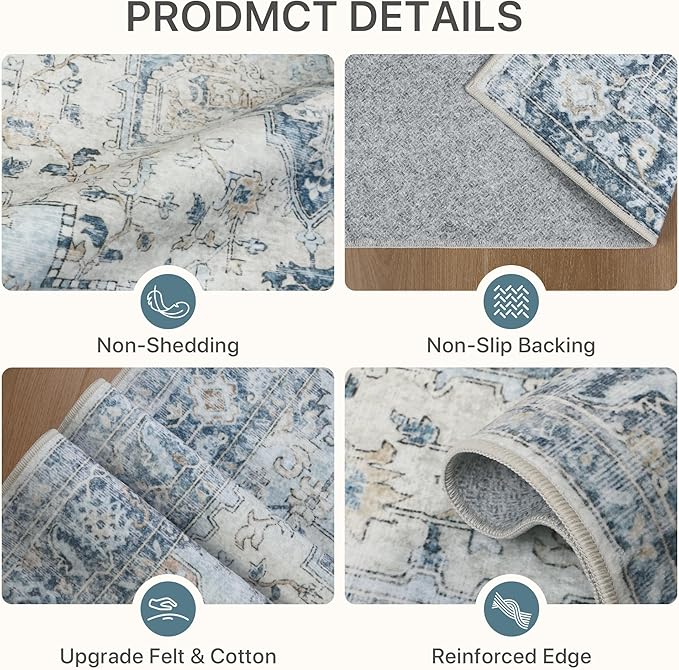 Area Rug 2x3 Doormat, Machine Washable Low Pile Vintage Rugs, Small Lightweight Rug Entryway Indoor Mat for Entrance, Hallway, Kitchen and Corridor, Blue