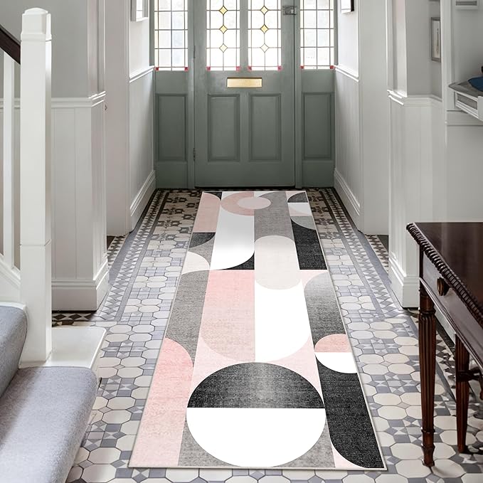 Pink Runner Rug 2x6 Washable Rug Runners for Hallway Kitchen,Long Modern Rugs for Bedroom Entryway Bathroom,Non Slip Floor Carpet,Blush Grey Black
