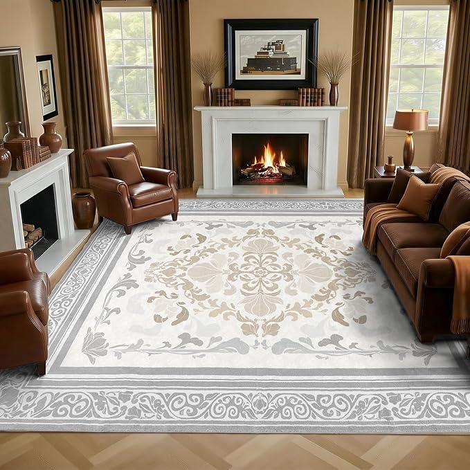 SOULFUL Medium Pile 8x10 Rugs for Living Room - Soft Foot Feel Large Area Rug - Light Taupe Boho Floral - Washable Non-Slip - Perfect for Bedroom Kids Room Under Dining Table Office