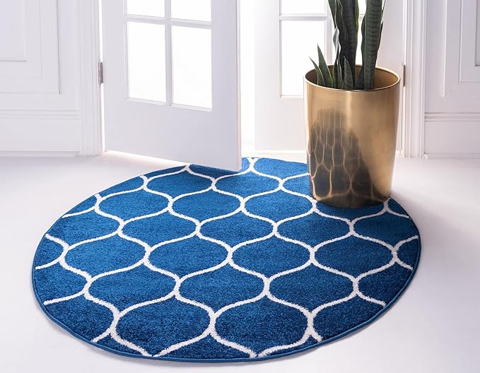 Rugs.com Lattice Frieze Collection Rug – 3' Round Navy Blue Medium Rug Perfect for Kitchens, Dining Rooms