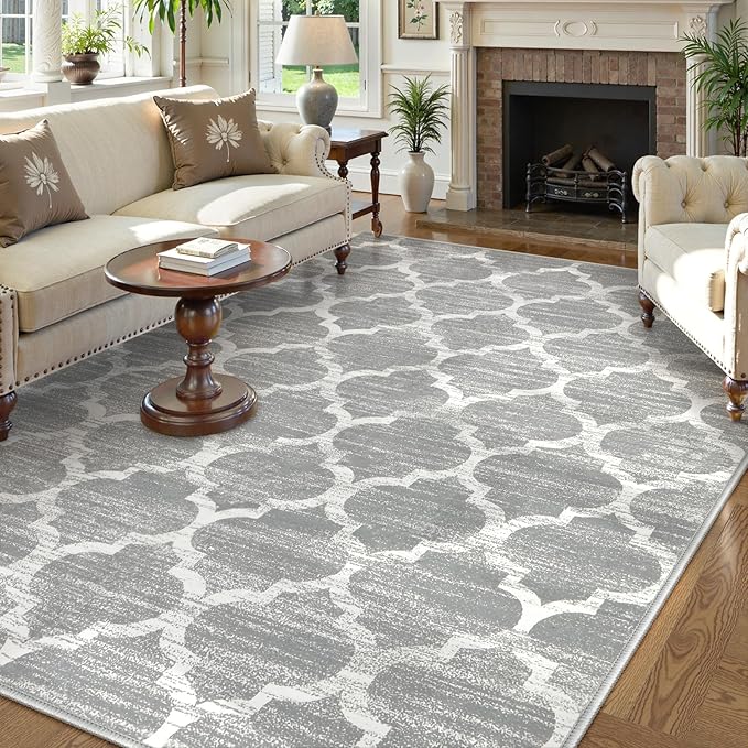 Lahome Moroccan Washable Rugs 8x10,Grey Rug for Living Room,Soft Boho Large Bedroom Rug 8x10 Under Bed Boho Dining Room Rugs for Under Table Geometric Office Room