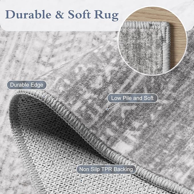 4x6 Area Rugs for Living Room Non Slip Machine Washable Rug Distressed Abstract Soft Indoor Carpet Neutral Boho Rug for Bedroom Dining Room Playroom Office, Grey