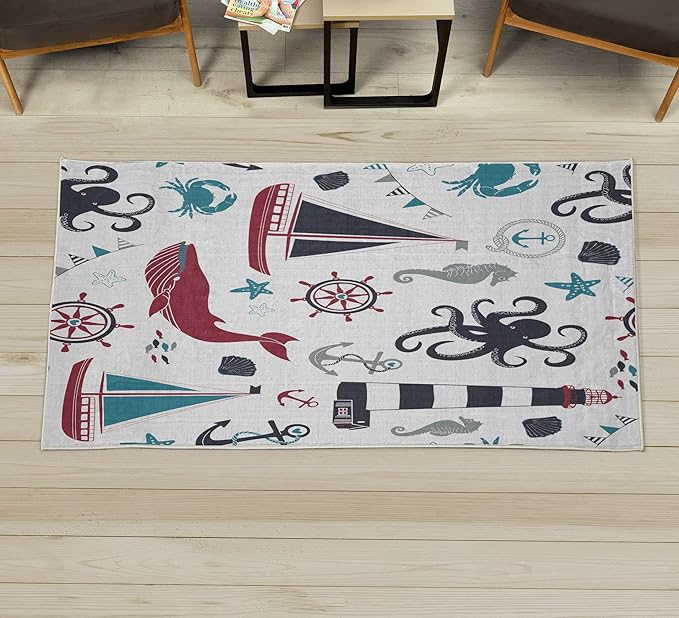 Ambesonne Nautical Decorative Rug, Pastel Colored Composition of Lighthouse Sailboat Fish Shells Octopus, Quality Carpet for Bedroom Dorm and Living Room, 2' 2" x 3' 7", Raspberry and Dark Blue