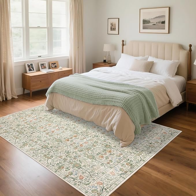 Washable Living Room Rug: 5x7 Boho Floral Soft Area Rug for Bedroom Decor - Vintage Low Pile Thin Carpet for Dining Room Non-Slip - Farmhouse Stain Resistant Rugs - Beige Green