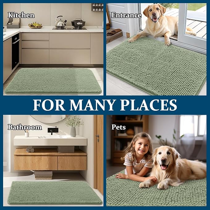 OLANLY Dog Door Mat for Muddy Paws 70x35, Absorbs Moisture and Dirt, Absorbent Non-Slip Washable Doormat, Quick Dry Chenille Mud Mat for Dogs, Entry Indoor Entryway Carpet for Inside Floor, Sage Green