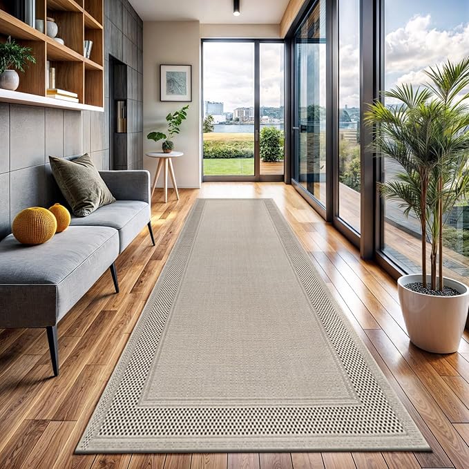 CAMILSON Easy Jute Rug 2x7, Indoor and Outdoor Off-White Runner Rug for Kitchen, Hallway and Entryway, Bordered Boho Woven Design, Easy-Cleaning, Washable Outside Carpet (2 x 7)