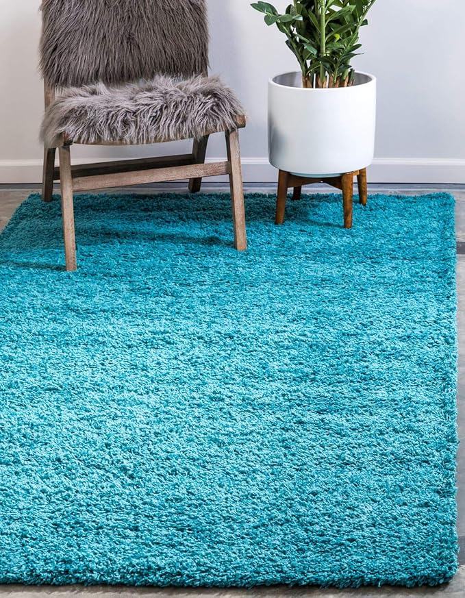 Unique Loom Solid Shag Collection Area Rug (9' x 12' 2" Rectangle, Deep Aqua Blue)