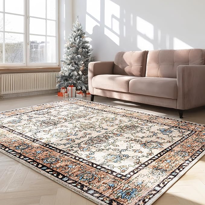 Area Rug 5x7, Washable Faux Wool Throw Rugs for Living Room, 0.3″ Non Slip Low Pile Vintage Boho Carpet for Ding Room, Home Office, Bedroom, Kids Room, Bedside (Khaki)