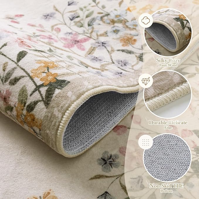 Wonnitar Washable 4x6 Rug for Bedroom, Floral Print Area Rug for Living Room, Non-Slip Entryway Throw Mat, Low Pile Botanical Area Rug Floor Carpet for Bedside (Beige,4'x6')