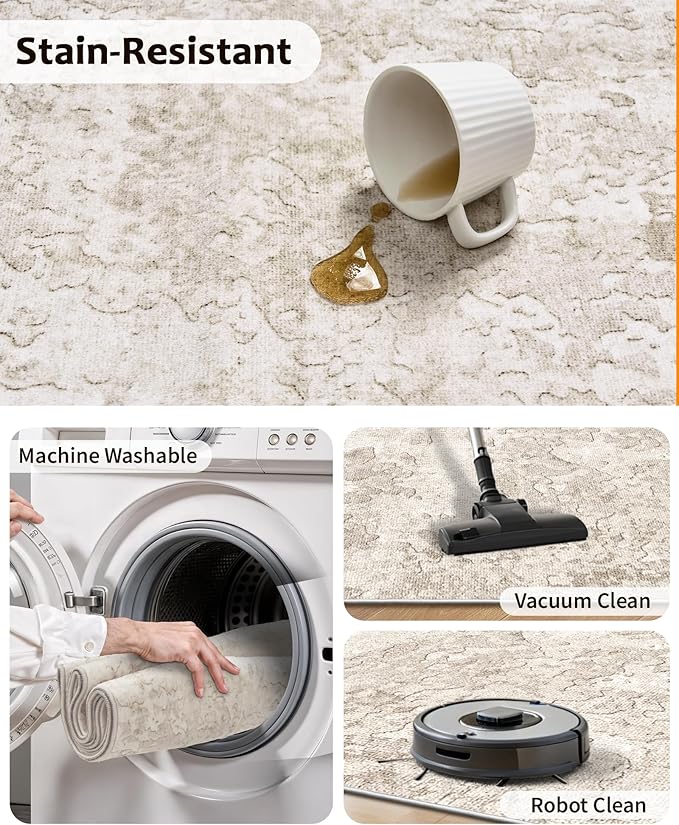 Art&Tuft 2x5 Runner Rug - Washable Runner Rugs, Non-Slip Runner Rug for Hallway, Low-Pile 2x5 Rug Runner Kitchen Laundry Room Rug Throw Carpet for Entrance Bedroom Living Room, Beige