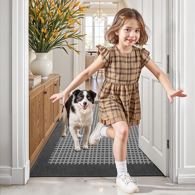 LUMI Inside Door Mat for Entry 17''x30'', Absorbent, Dirt Trapper, Low Profile Thin, Non Slip Mats with Rubber Backing, Ideal for Indoor, High Traffic, Garage, Entrance, Checkered Grey