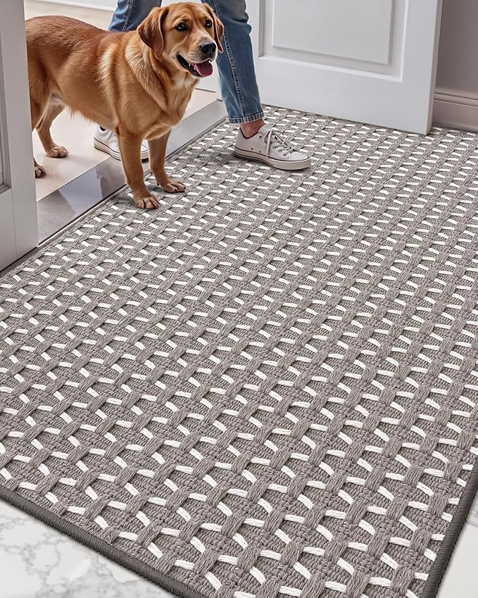 LUMI Handwoven Indoor Door Mat 36"x59", Non-Slip Low Profile Checkered Inside Doormat, Comfort Weave Grid Pattern Floor Mats, Taupe