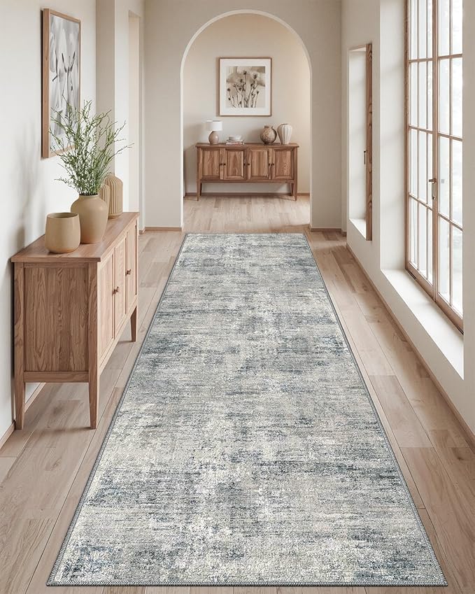 DEXI Hallway Runner Rug 3x10, Modern Abstract Non Slip Thin Soft Runners Carpet, Stain Resistant Washable Indoor Rug for Hallway Entryway Kitchen Laundry Room Living Room, Blue