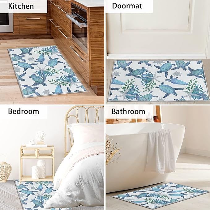 Tritard Coastal Sea Turtles 2x3 Area Rugs - Small Machine Washable Foldable Throw Rugs Non-Slip Beach Themed Entryway Doormat Indoor Entrance Carpet for Kitchen Bathroom Laundry Bedroom Living Room
