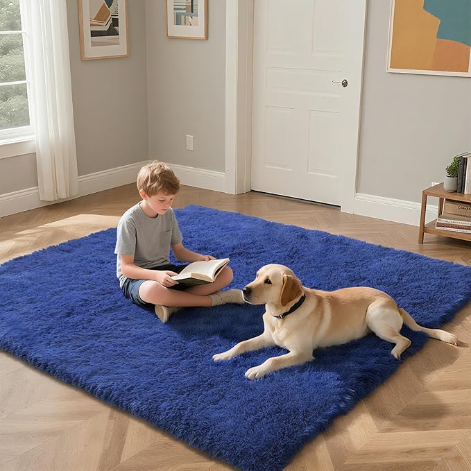 Blue Fluffy Rug Shaggy Area Rug, 6x9 Area Rugs for Girls Bedroom, Big Soft Shaggy Bedside Non-Slip Plush Dorm Nursery Kids Carpet Home Decor Aesthetic