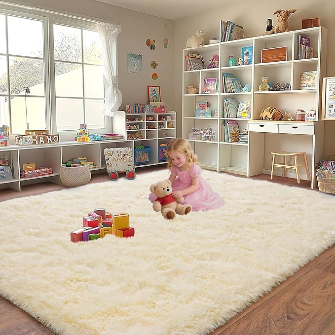 Upgrade Non-Slip Plush Rugs Fluffy Area Rugs for Living Room, Soft Shaggy Carpets for Living Room, Perfect Decor for Modern Home Light Champagne 6x9 Feet