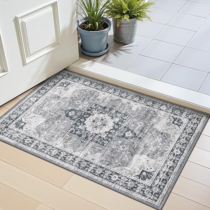 LUMI Indoor Thin Door Mat, 24x36 Washable Small Inside Doormat, Non Slip Low Pile Oriental Floor Carpet, Vintage Distressed Area Rug for Front Door,Entrance,Bedroom, Blue