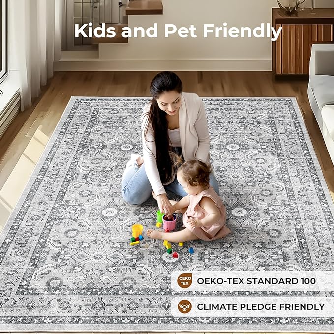 WITSHOCK Living Room Area Rugs 8x10: Soft Non-Slip Backing Washable Rugs Vintage Large Carpet for Bedroom Office Dining Room Kitchen Stain Resistant Home Decor Rug