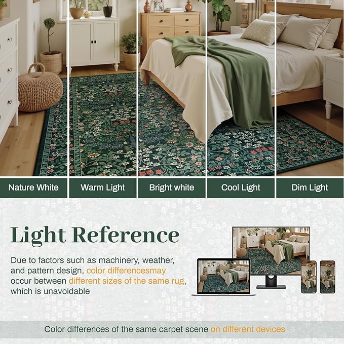 6x9 Area Rugs Living Room Rug - Floral Vintage Morris-Inspired Washable Carpet, Low Pile Non-Shedding Stain Resistance Boho Soft Carpet for Bedroom, Dining Room, Office, Farmhouse (6'x9' Dark Green)
