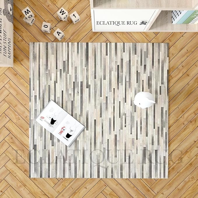 Cowhide Leather Rug for Living Room 8x10, Modern Stripes Style Floor Carpet, Dark Grey Area Rug for Home Decor