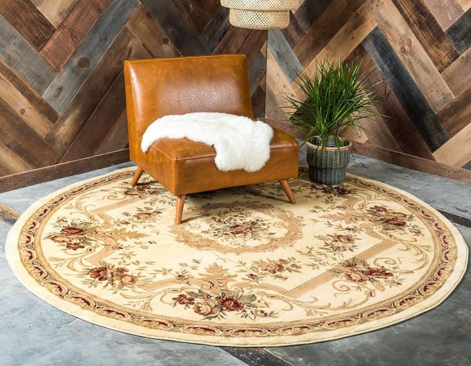 Unique Loom Versailles Collection Traditional Classic Floral Motif Area Rug (6' 0 x 6' 0 Round, Ivory/ Tan)