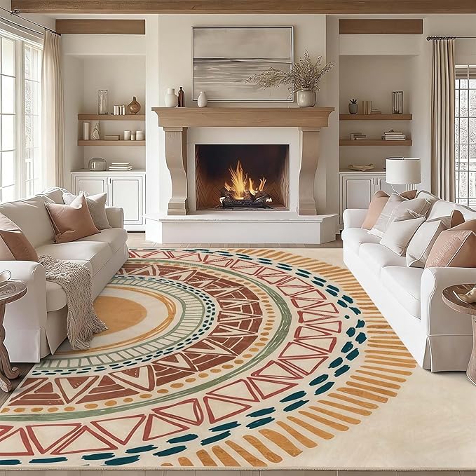 Colorful Geometric Sun Rug, Sun Pattern Rug, Geometric Area Rugs, Colorful Abstract Rugs, Washable Boho Carpet for Living Room, Bedroom, Dining Room, Office (9' x 13'(Rectangular))