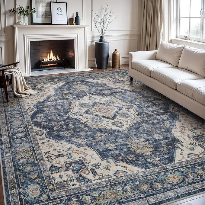 AMOAMI-Area Rug 8X10 Rugs for Living Room-Vintage Soft Blue Rugs for Bedroom-Non Slip Carpet-Washable Rug for Dining Room Living Room Bedroom Office Under Table