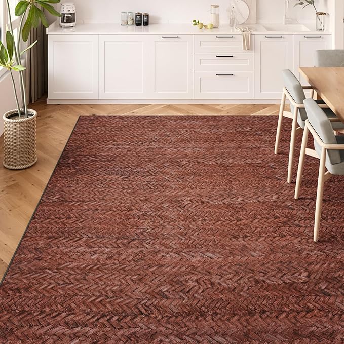 Eleisa Modern Vintage 6x9 Herringbone Chevron Area Rug for Living Room, Wine & Red, Non-Slip Stain Resistant Washable Rug, Farmhouse Home Decor Carpet for Bedroom, Kitchen, Dining Room