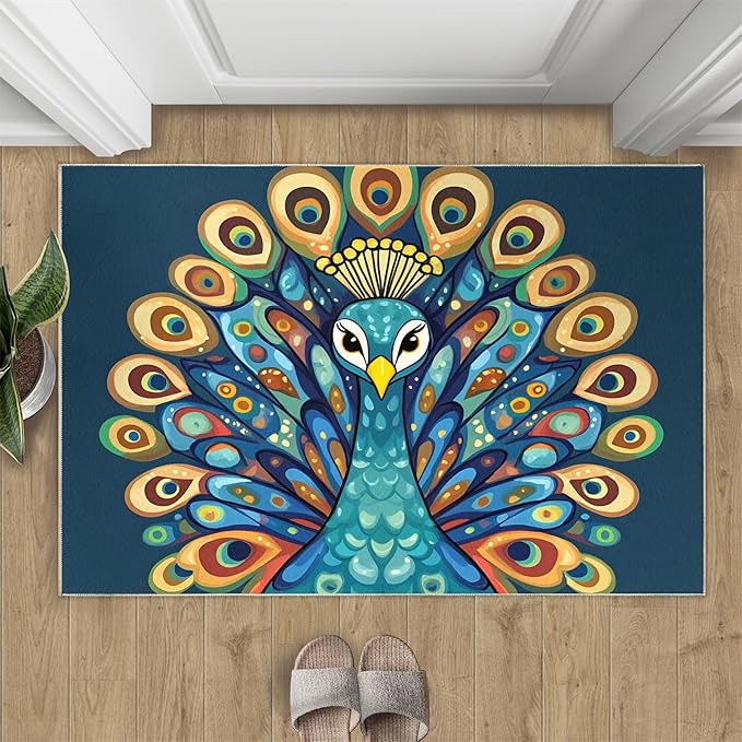 Boho Peacock Rugs for Living Room - 4x6 Rug, Peacock Decor Area Rugs for Bedroom, Teal Turquoise Rug, Modern Style Washable Carpet, Aesthetics Carpet - Peafowl Home Decor & Gifts