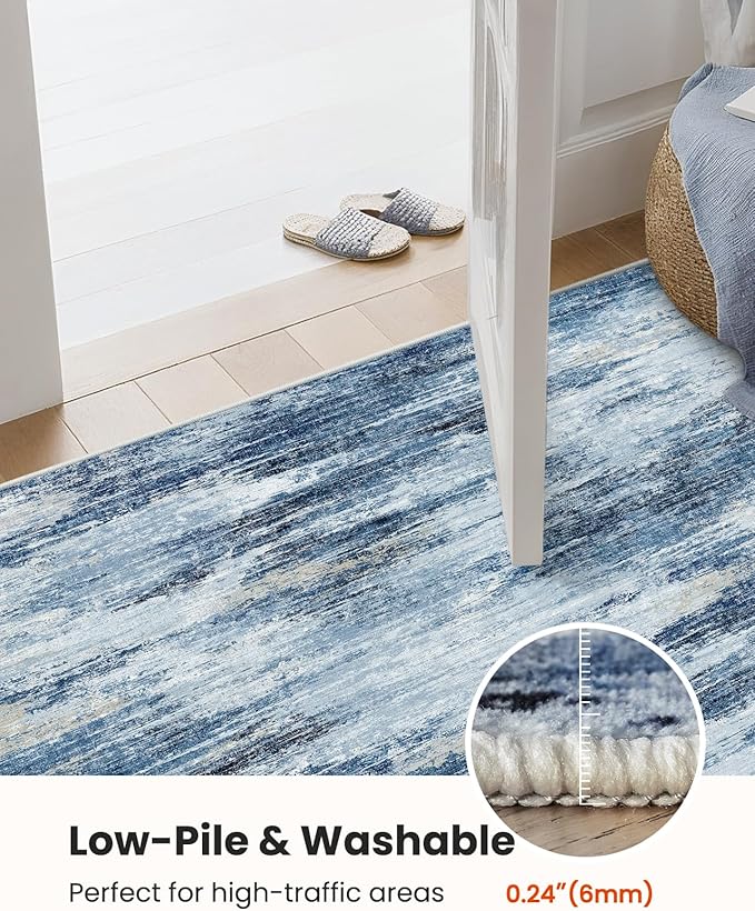 6x9 Area Rugs for Living Room, Modern Abstract Washable Rug with Non-Slip Backing & Low Pile Indoor Carpet for Nursery Room, Bedroom and Dinning Room, Blue