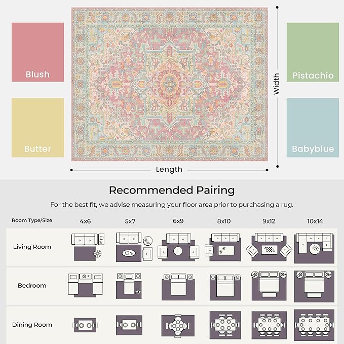 Kokia 8x10 Washable Area Rugs Blossom Pink with Vintage Orient Design Soft Rug for Living Room or Bedroom Non-Slip Low Pile Stain Resistance Features Distressed Medallion Pattern