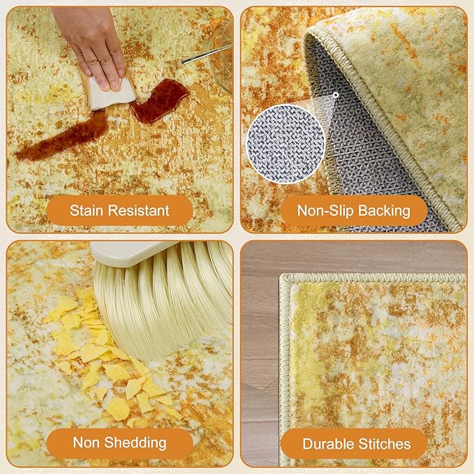 Washable Area Rugs for Living Room 8x10 - Large Neutral Modern Abstract Rug, Soft Low Pile Carpet with Non Slip Backing for Under Dining Room Table, Bedroom, Home, Office, Dorm - Yellow Brick