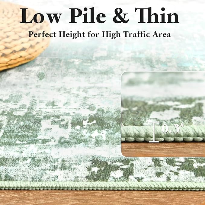 Washable Abstract Rug, 2x3 Small Modern Area Rugs with Non-Slip Rubber Backed for Kitchen, Thin but Soft Throw Carpet Bedroom Entryway Front Door Decor, Green