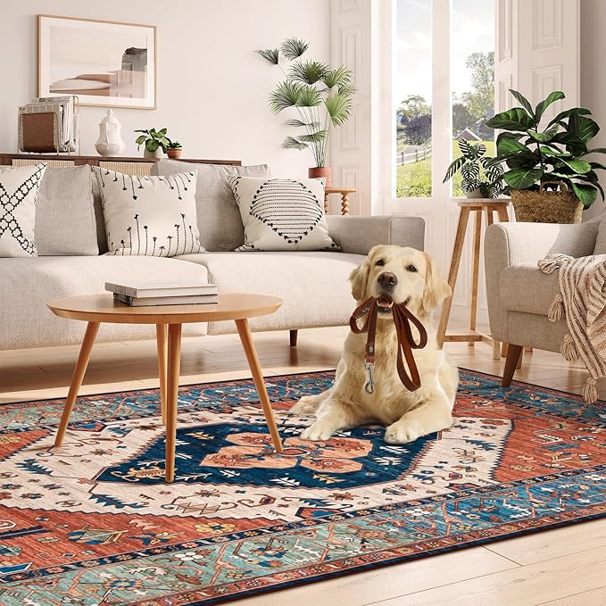 Lahome Oriental Washable Rug 6x9, Non-Slip Ultra-Thin Living Room Area Rug, Stain Resistant Vintage Carpet for Bedroom Dining Room Office