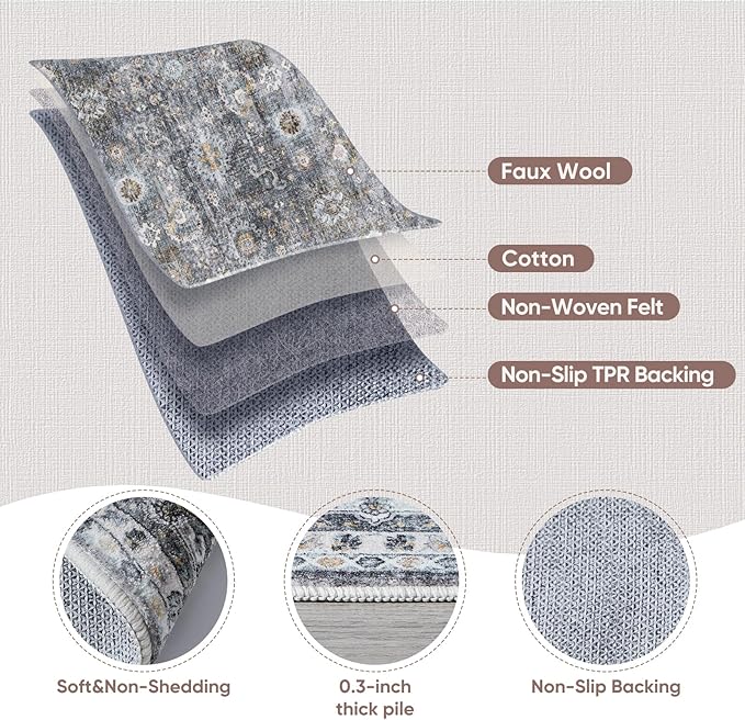 Rugcomf 9x12 Rug Washable Boho Soft Large Area Rug Non-Slip Faux Wool Vintage Rug for Living Room, Farmhouse, Dining Room, Indoor, Kids Playroom (Grey)