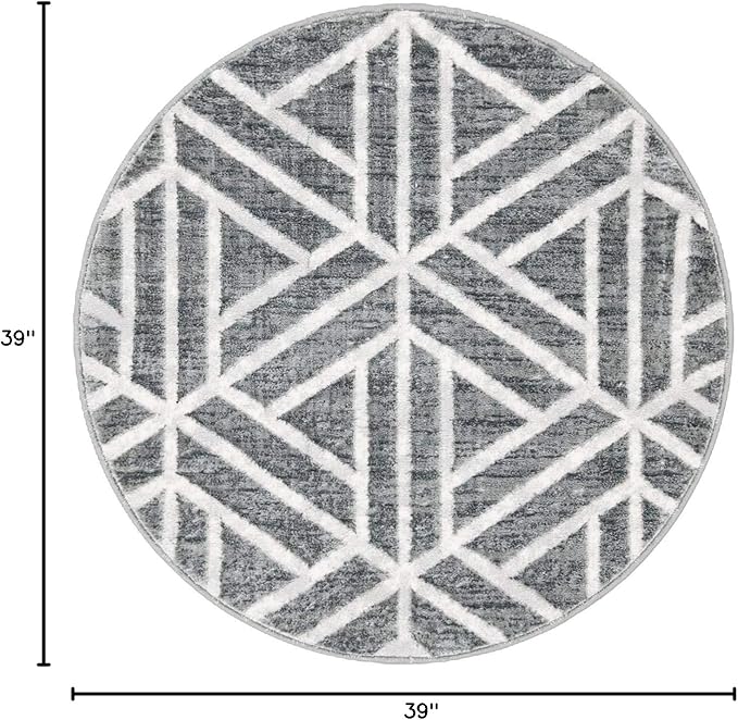 Rugs.com Lattice Trellis Collection Rug – 3 Ft Round Gray Low-Pile Rug Perfect for Kitchens, Dining Rooms