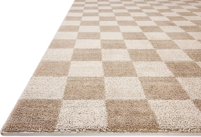 Loloi Chris Loves Julia Calvin Collection CLV-01 Pebble/Ivory 5'-3" x 5'-3" Round Area Rug Checkered Neutral Soft Living Room Bedroom Carpet