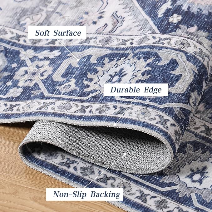 DUKINO 3x5 Rugs for Living Room, Soft Non-Slip Washable Area Rugs, Faux Wool Bedroom Rug with Non-Shedding, Indoor Low-Pile Boho Rugs for Dining Room, Home Office, Blue