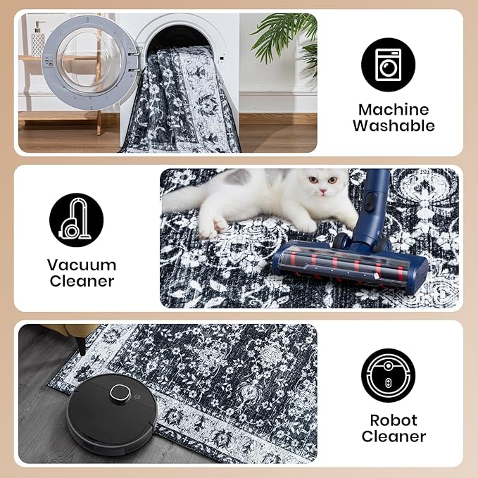 Area Rug for Living Room, 9x12 Machine Washable Non Slip Large Faux Wool Throw Rug, 0.3″ Low Pile & Non-Shedding Boho Large Carpet Rugs for for Dining Room, Bedroom, Office (Black White)