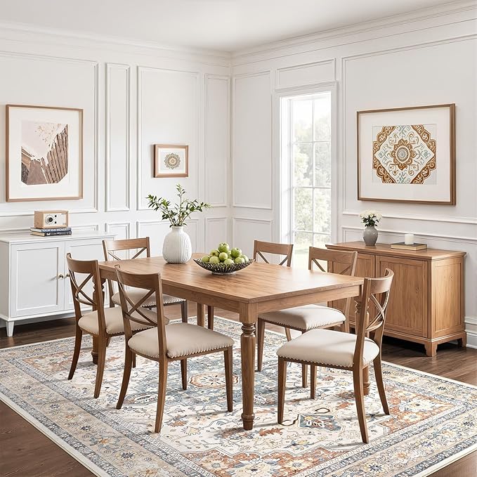 7x9 Area Rug Living Room: Washable Boho Large Neutral Vintage Soft Rug Stain Resistant Distressed Farmhouse Non-Slip Indoor Floor Carpet for Bedroom Nursery Kids Office Dining Room- Beige Blue