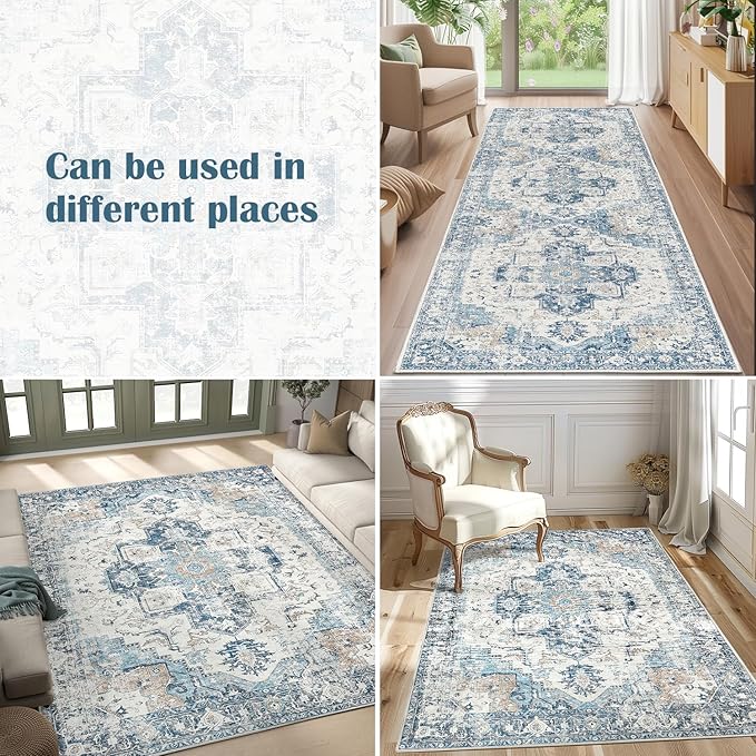 jinchan Kelda Runner Rug 3x7 Vintage Hallway Rug Kitchen Washable Runner Retro Floor Cover Lightweight Non-Slip Low Pile Thin Distressed Carpet for Entryway Bathroom Laundry Room Bedroom Stairway Blue